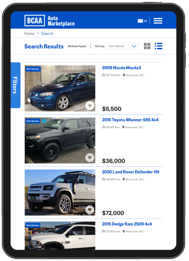 BCAA Auto Marketplace vehicle listings on a vertical tablet