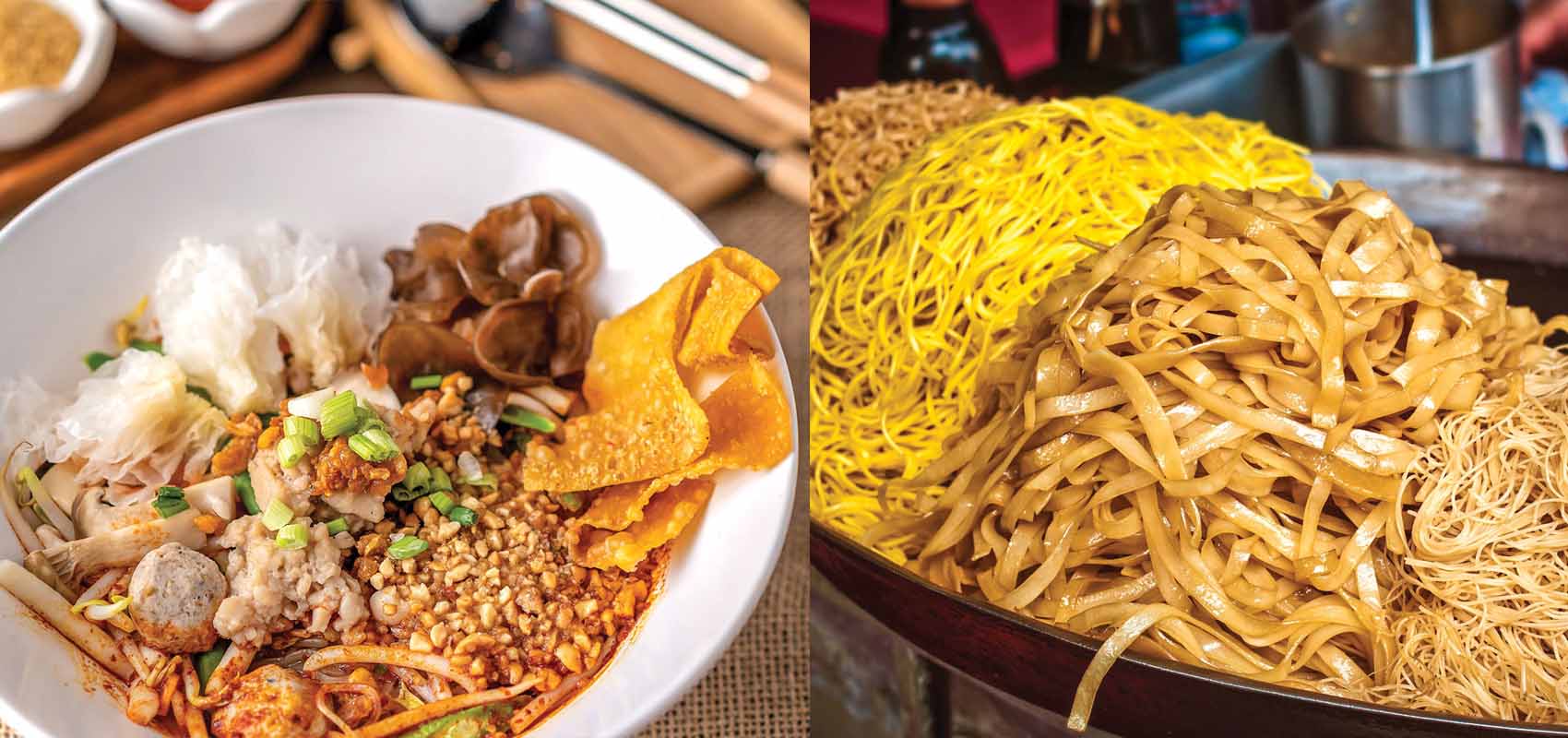 Left: A noodle dish. Right: Four types of noodles side by side