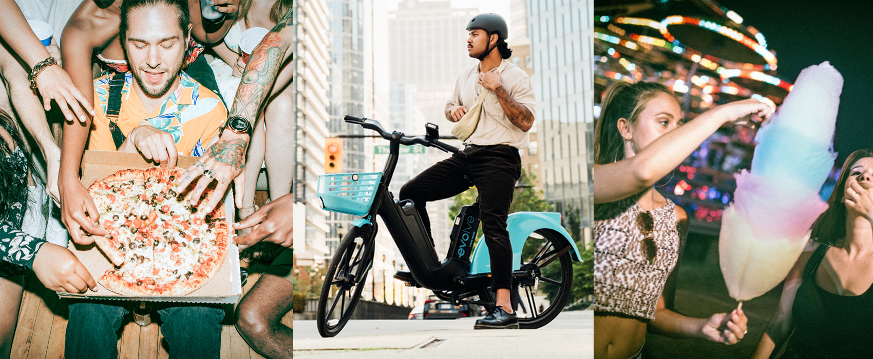 Three images side by side: Man holding pizza while many hands reach in for a slice, a man on an Evolve e-bike, a person at a fair holding a colourful tiered cotton candy.