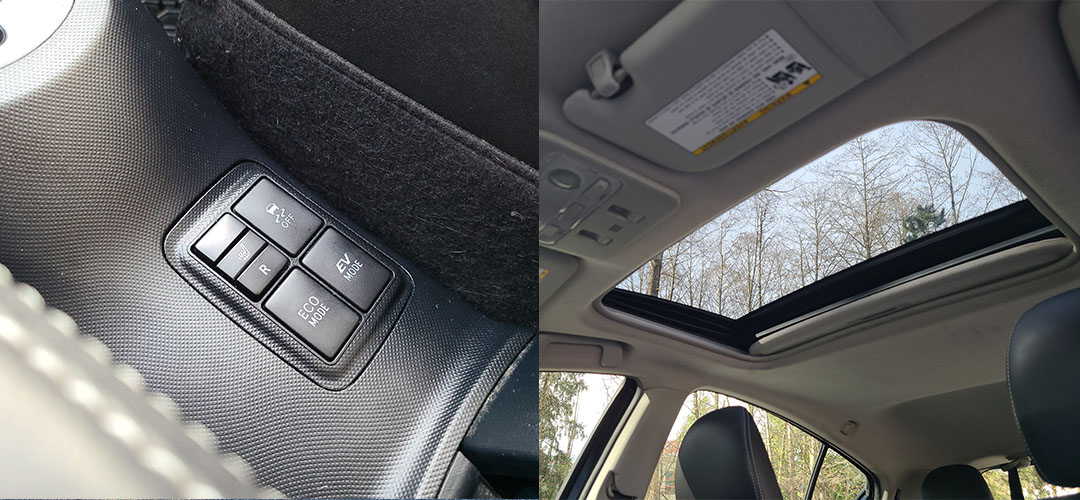 Two images: Buttons at the car's center console, and the sunroof
