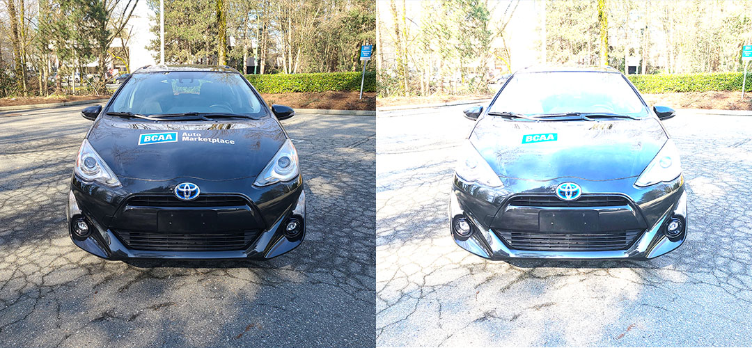 Two images of a vehicle head-on, the one on the left has proper exposure, the one on the right is over exposed.