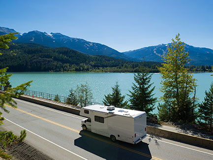 RV driving along a spectacular section of sea to sky highway