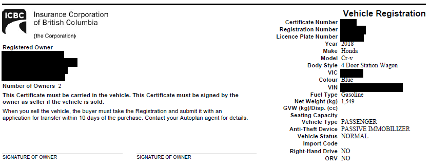Screenshot of the ICBC Vehicle Registration form