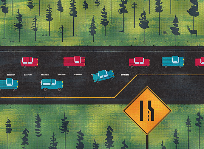 An illustration showing a zipper merge