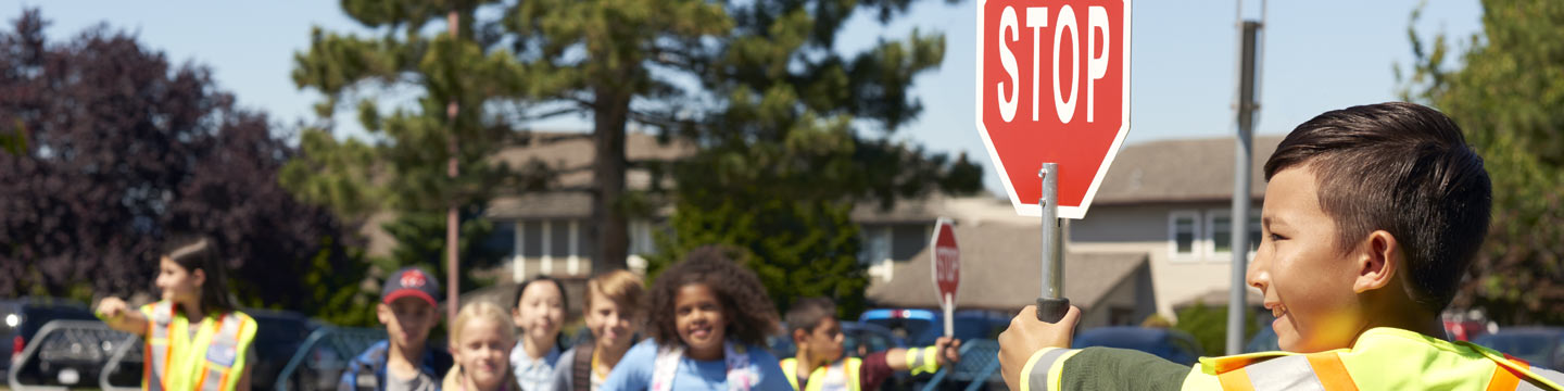 boy holding stop sign