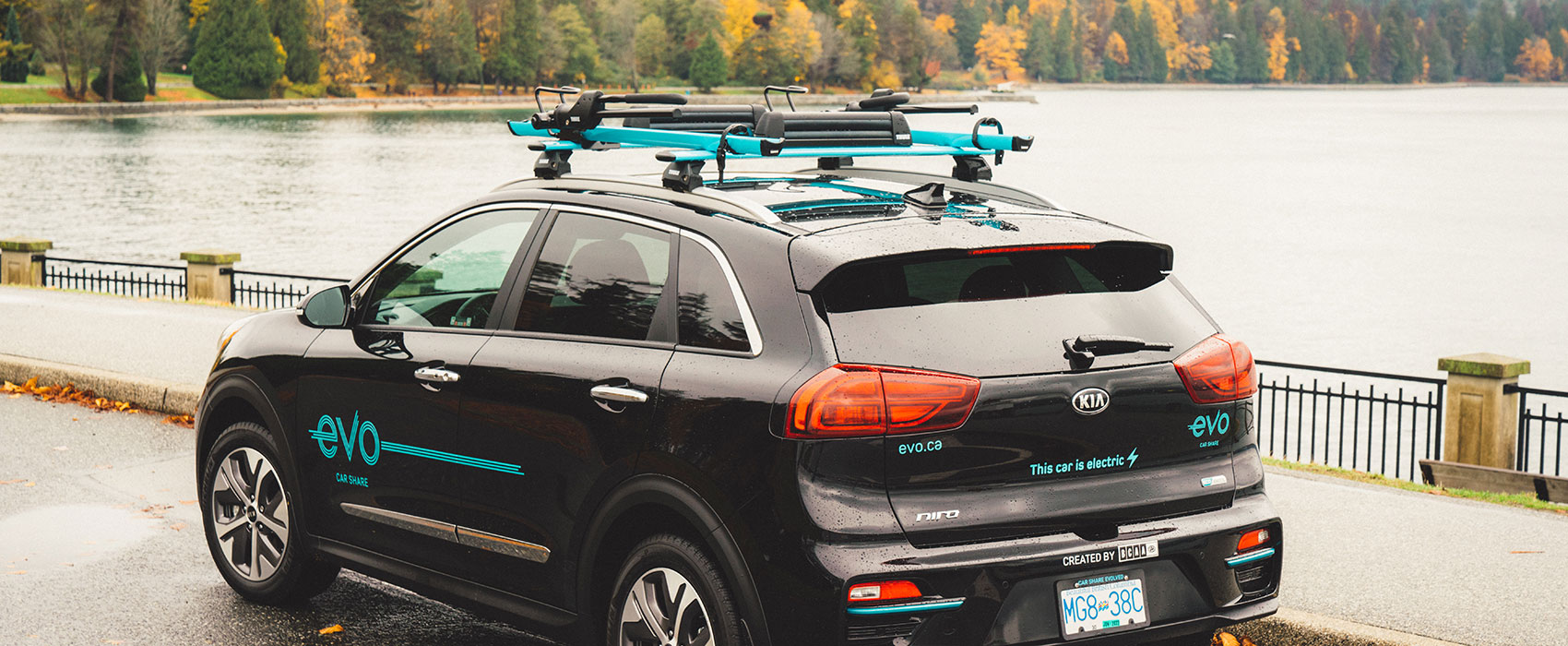 Evo driving through fall roads