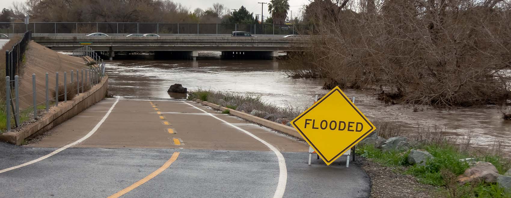 flooded road by river