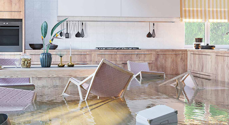 Chairs and a white storage box float in a flooded kitchen