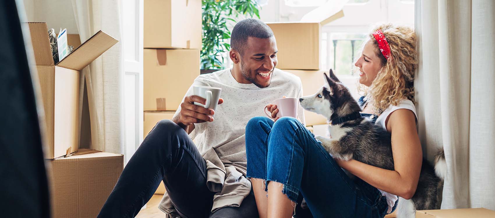 couple playing with dog while sitting at doorway in new house