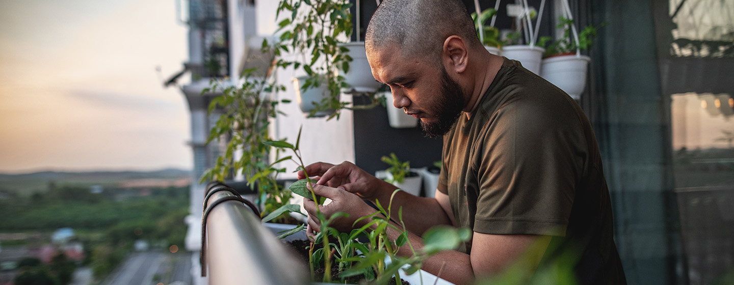 man tending his plants on patio