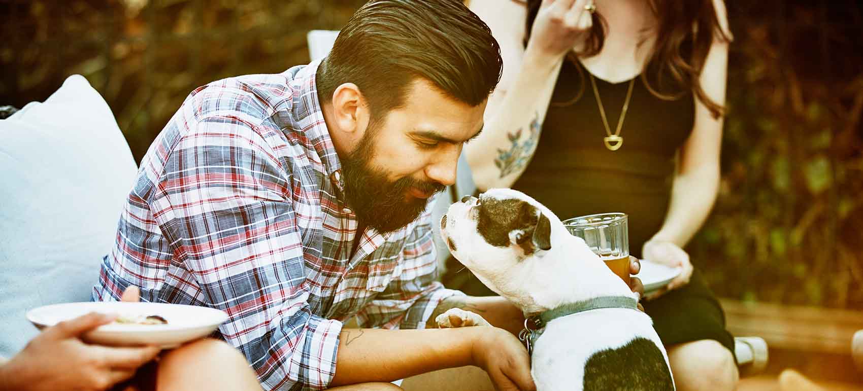 Man playing with dog while dining with friends