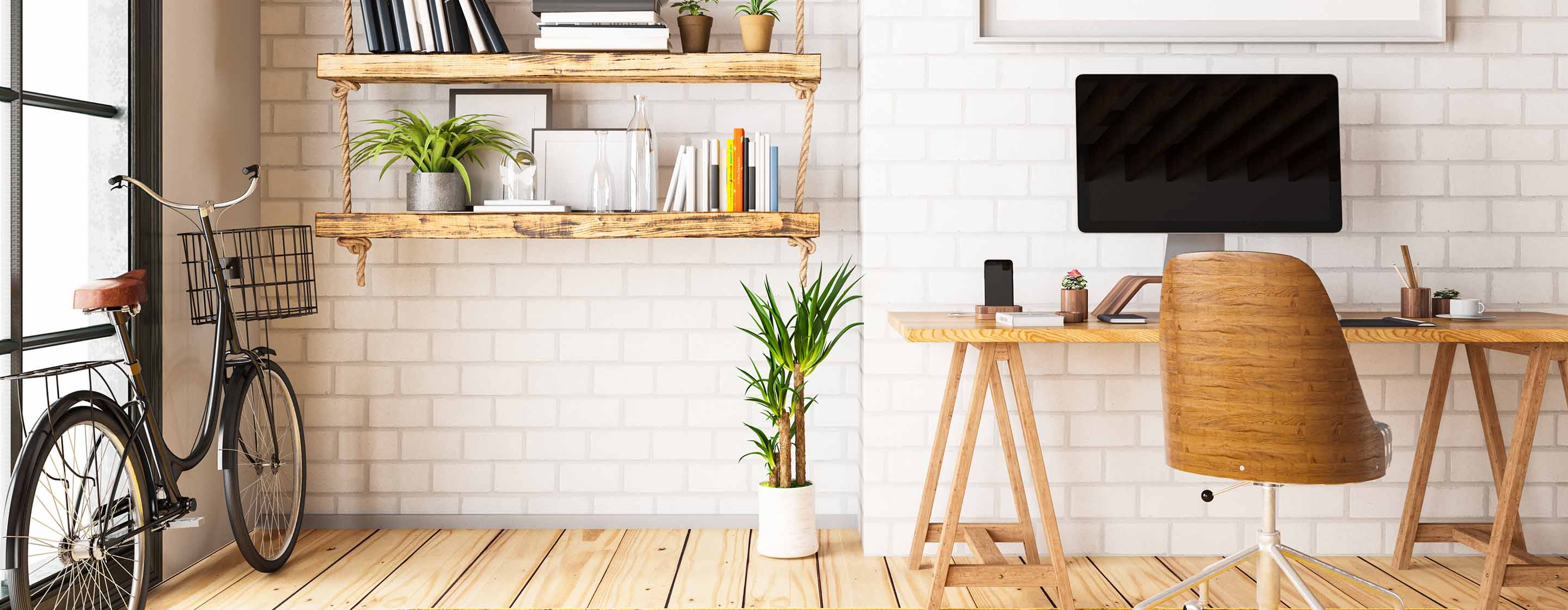 home office with workplace and bicycle