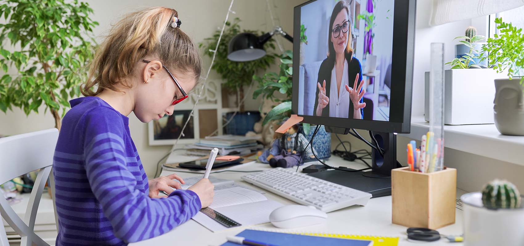 Student at desktop computer watching video or online teacher