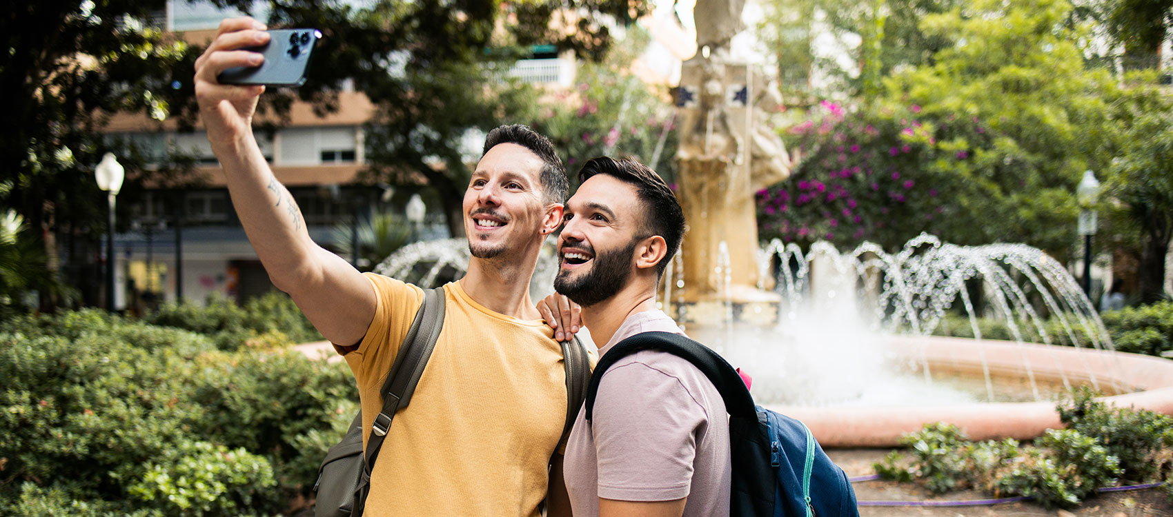 Tourist couple taking a selfie and enjoying their vacation in Valencia