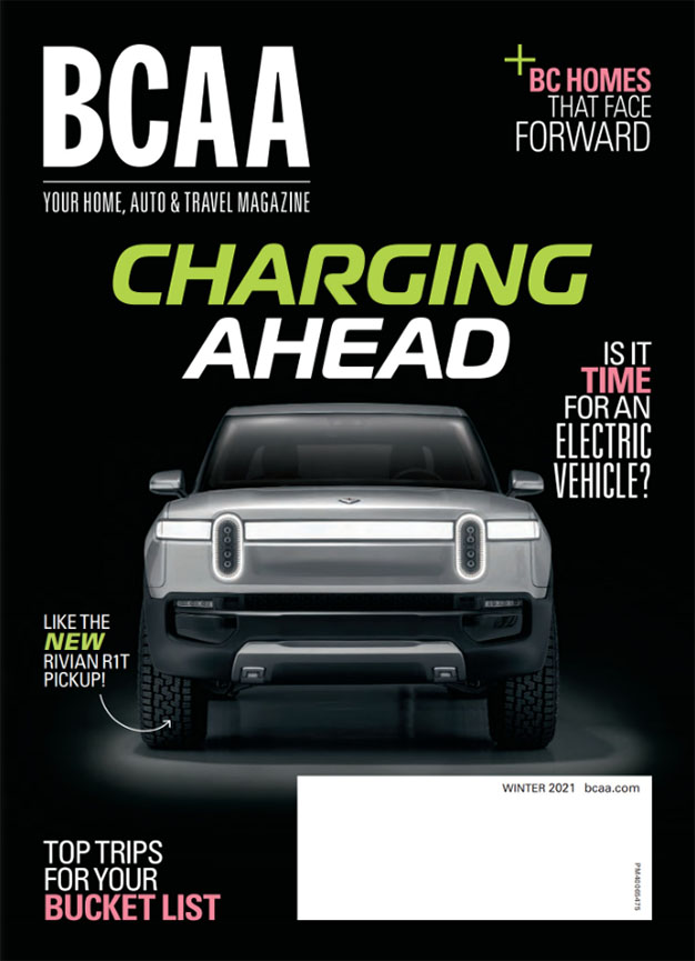 Fall Winter 2021 BCAA Magazine cover of an electric car on an black background with title "charging ahead"