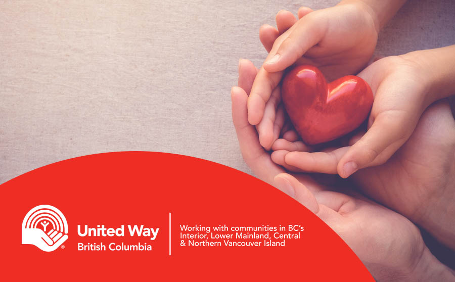 United Way logo over an image of adult and child hands holding wooden heart