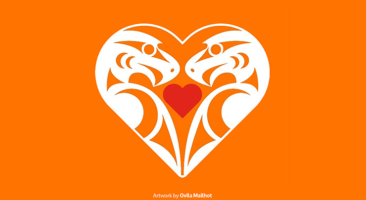White Indigenous artwork of the heads of two eagles facing inward to create the shape of a heart. White eagles sit against a bright orange background, with a red heart in the centre. Artwork by Ovila Mailhot.