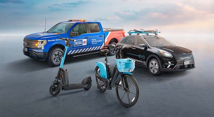 BCAA electric roadside assistance truck, Evo carshare vehicle, Evolve e-bike and e-scooter