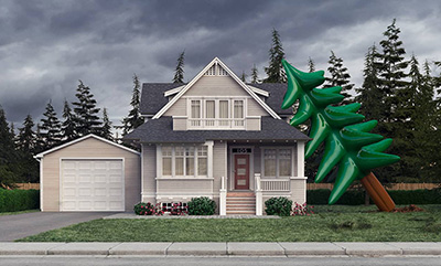 Inflatable tree falling against house during storm