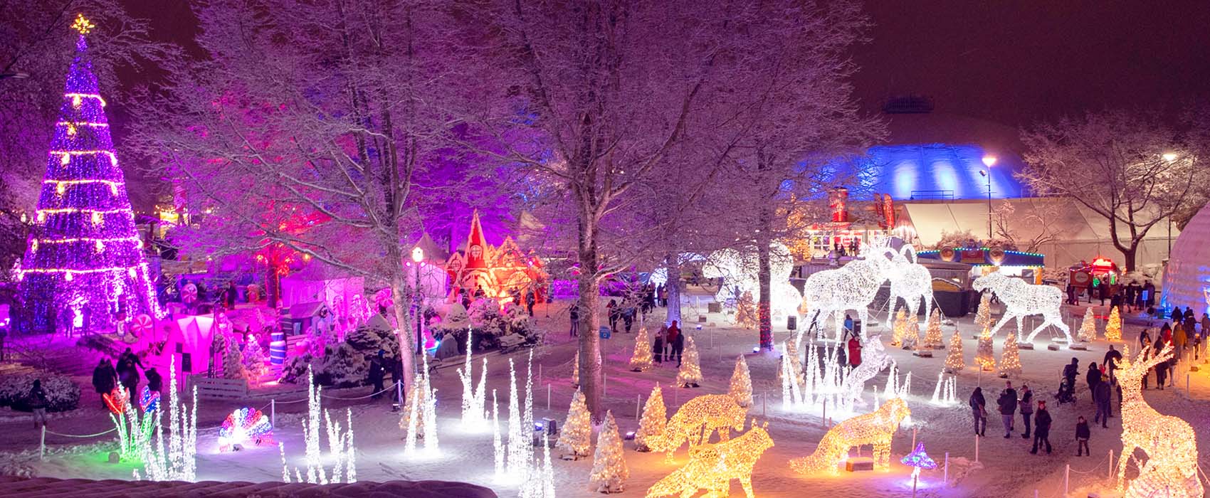 People walk on snow covered ground in between large illuminated statues at the PNE Winter Fair