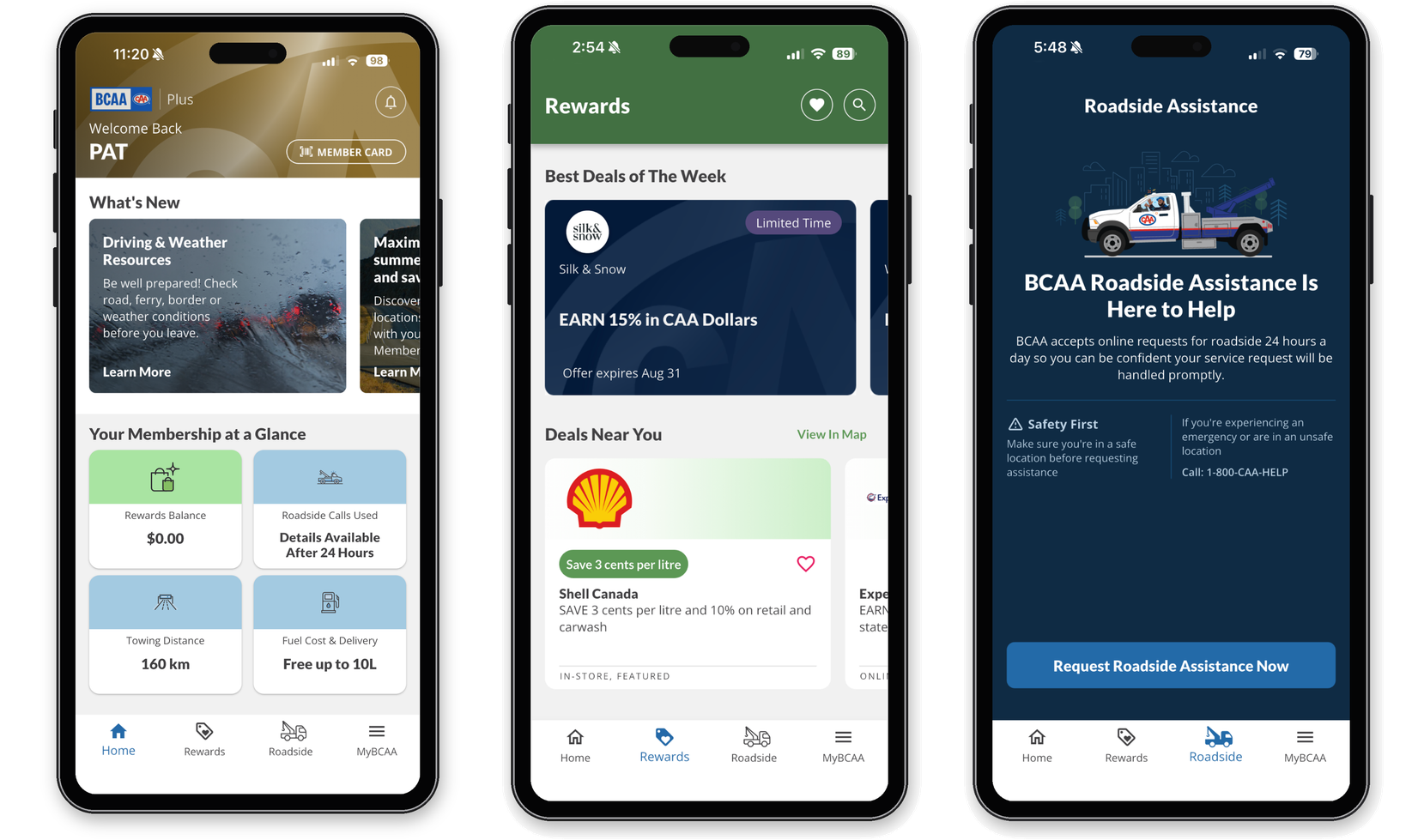Three mobile phone screens with various images of the BCAA Mobile App on their display screens