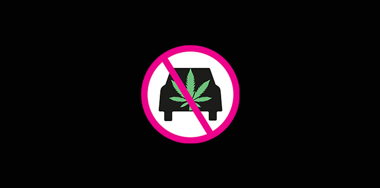 Car icon with a cannabis leaf inside behind a round cross x symbol. No cannabis and driving.